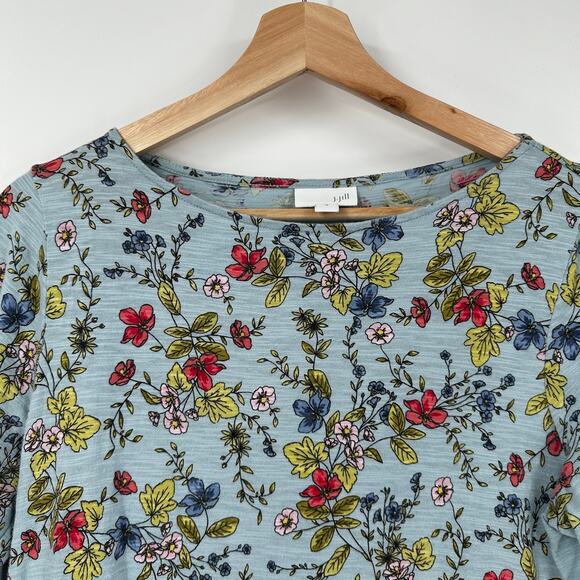 J. Jill Floral Top Blue Cotton Panel Asymmetrical Boat Neck Size S - Picture 5 of 10
